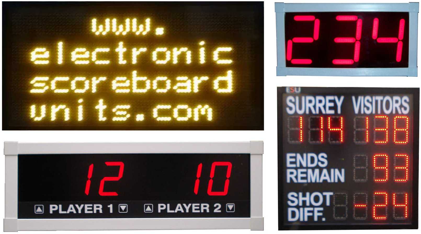 Various electronic scoreboards: dot matrix display, pool scoreboard, counter, custom bowls scoreboard